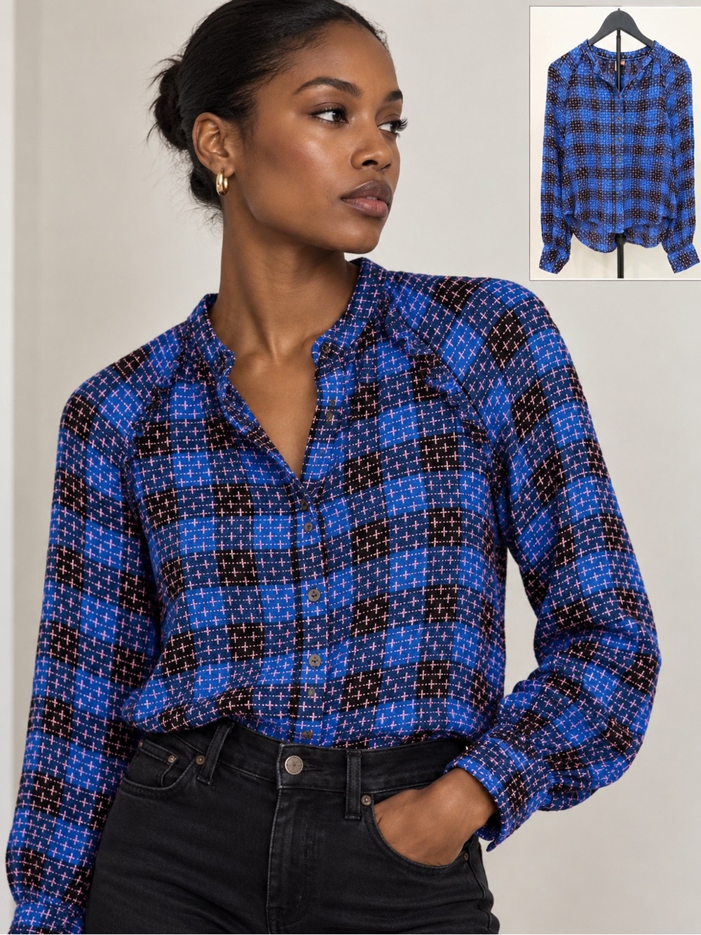 Pilcro Anthropologie Blue Black Pink Wool Blend Plaid Blouse Boho Academia